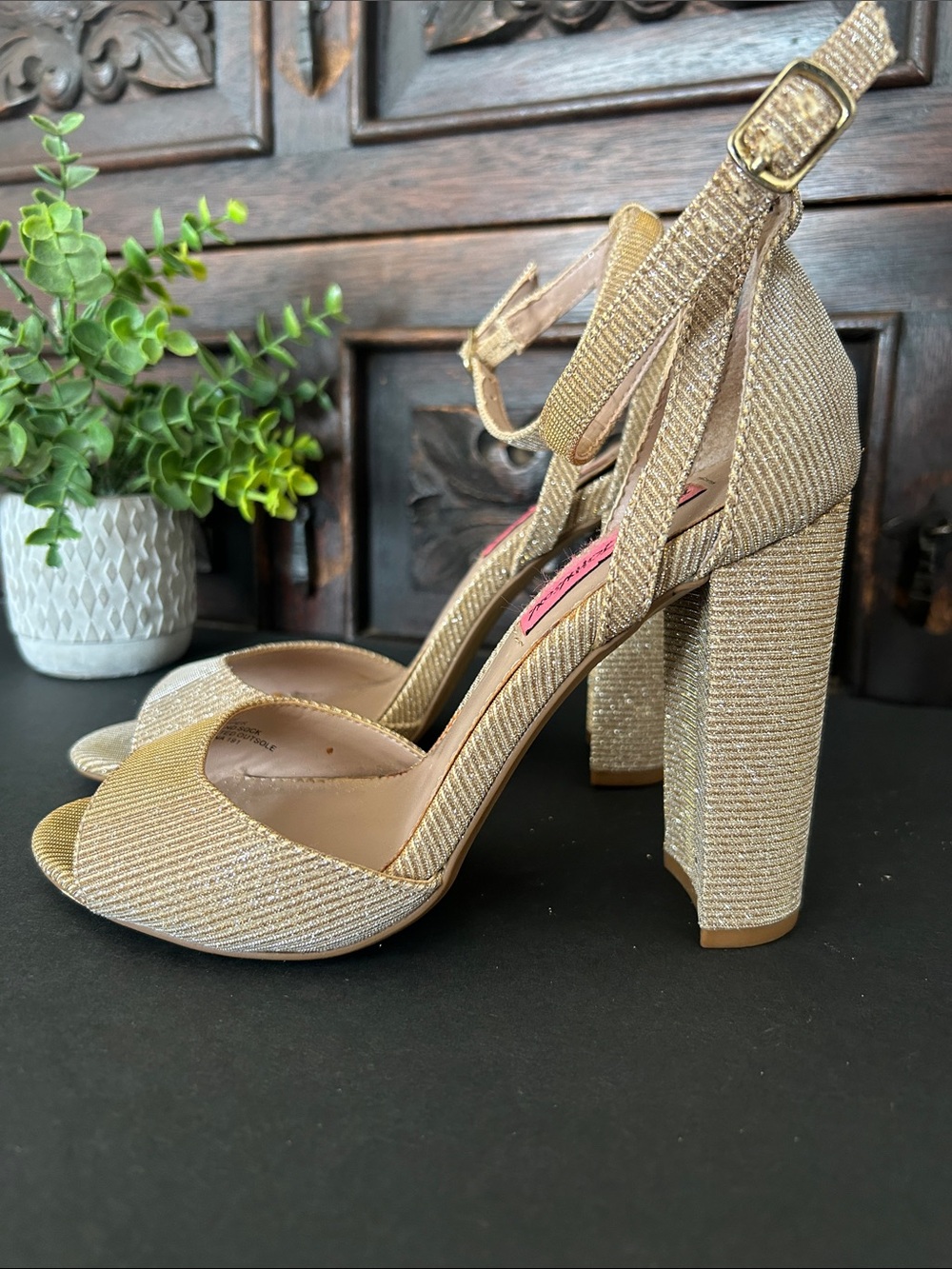Betsey Johnson Shimmery Gold Block Heel Ankle Strap Sandals